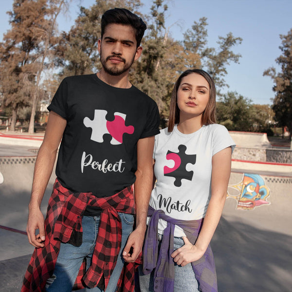 Juxar couple half sleeve t shirt set with matching puzzle piece print Perfect and Match in black and white