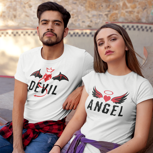 Juxar white couple t shirt with slogans Devil and Angel graphics on matching short sleeve tees