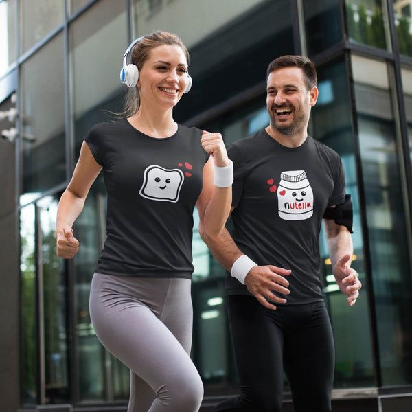 Juxar matching couple t-shirts for him and her black graphic toast and Nutella jar worn by jogging couple