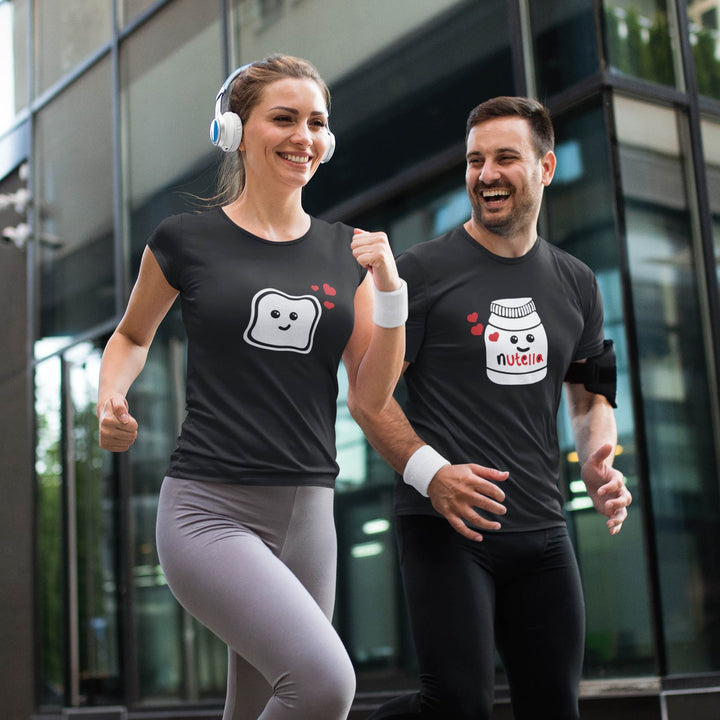 Juxar matching couple t-shirts for him and her black graphic toast and Nutella jar worn by jogging couple