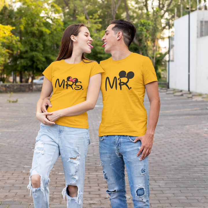 Juxar Mr and Mrs couple t shirts yellow matching tees worn by smiling couple outdoors