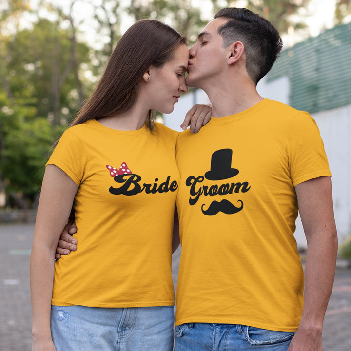 Juxar romantic couple t shirt set yellow Bride and Groom printed tees man kissing woman forehead outdoors