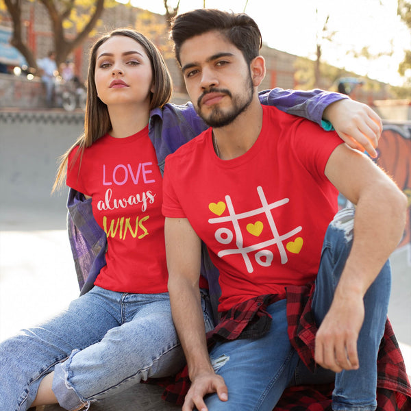 Juxar matching printed couple t shirt red set with love always wins and heart tic tac toe designs