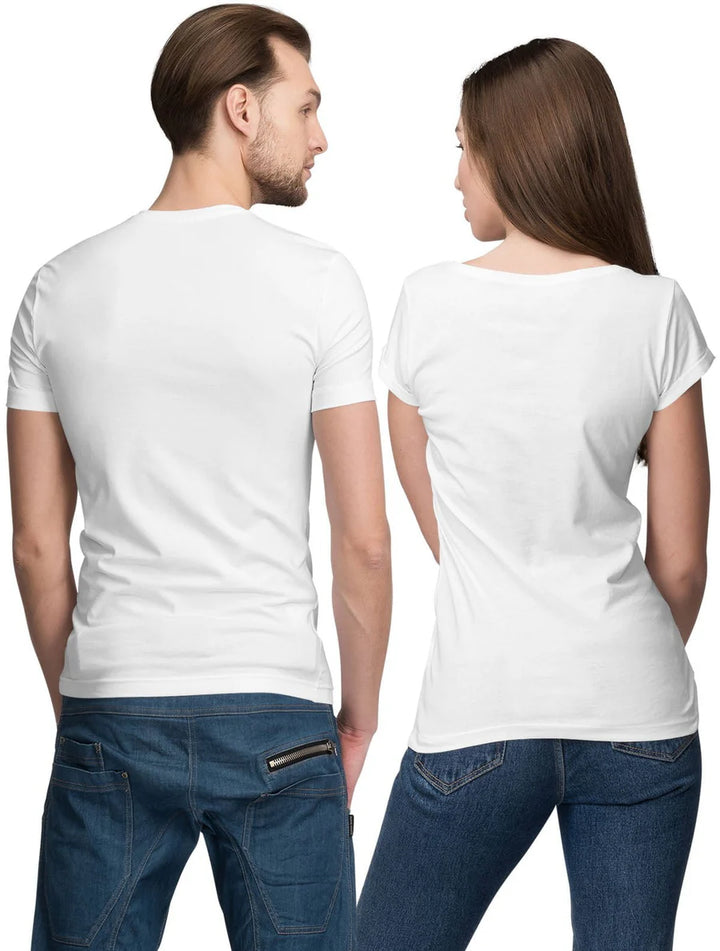 Juxar matching couple t shirt back view of man and woman in white short sleeve tees and blue jeans