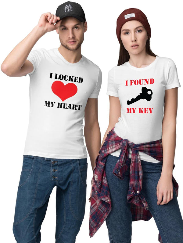 Juxar matching couple t shirt set white his and hers I LOCKED MY HEART and I FOUND MY KEY prints