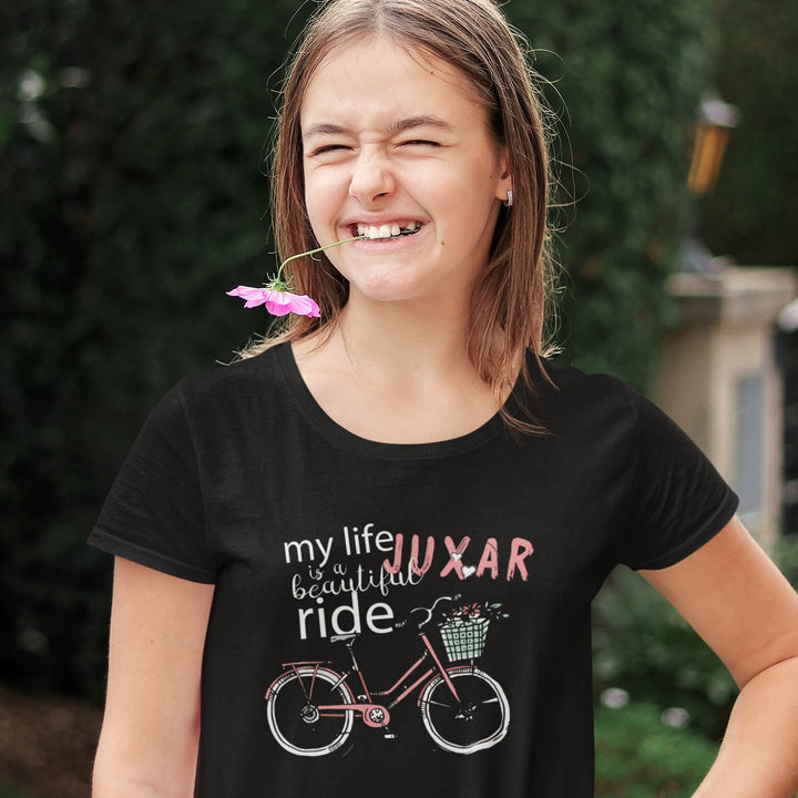 Juxar girls aesthetic t shirt for girls black tee with bicycle and floral graphic and inspirational text