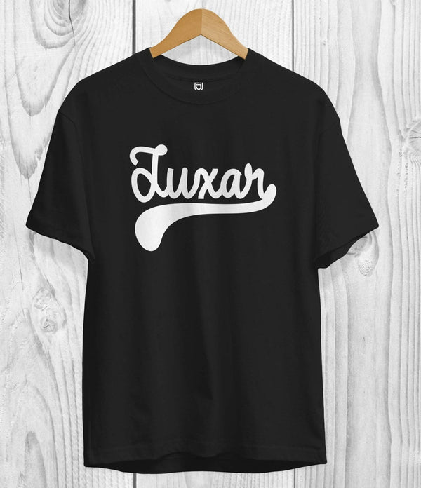 Black Juxar cotton t shirt sale with white logo on front hanging on wooden hanger