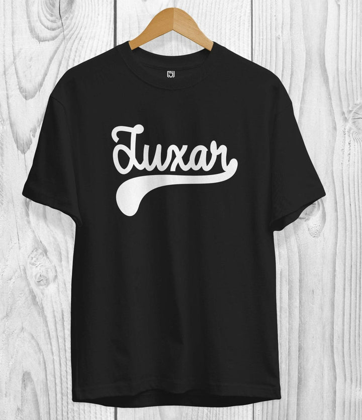 Black Juxar cotton t shirt sale with white logo on front hanging on wooden hanger