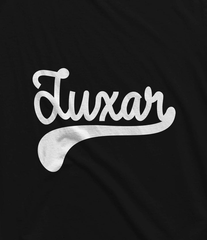 Black cotton t shirt sale featuring Juxar logo in white script design
