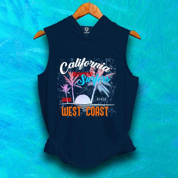 Juxar men's navy blue GYM WEAR HOODED SANDO with California West Coast graphic design