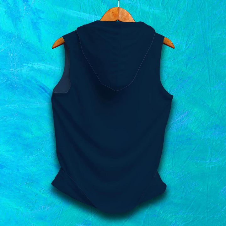 Juxar mens navy blue GYM WEAR HOODED SANDO displayed on wooden hanger against turquoise background