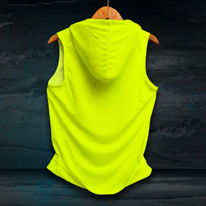 Juxar men's bright yellow hooded tank top displayed on wooden hanger against dark background