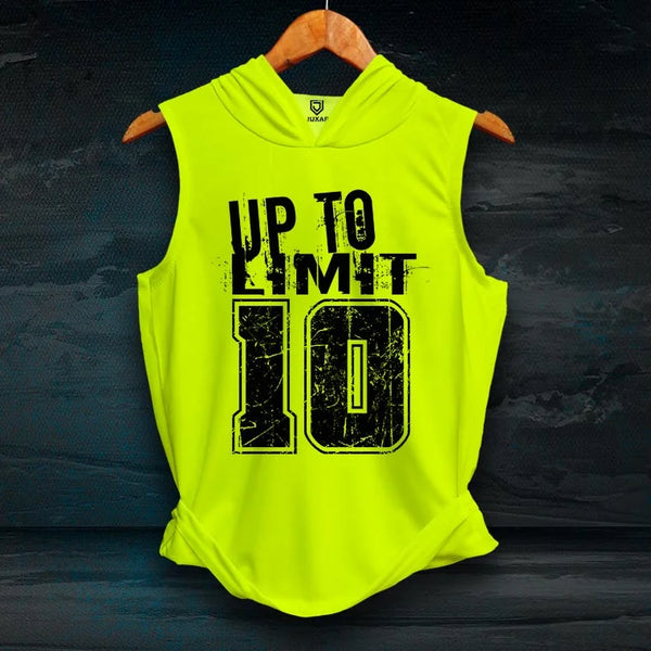 Juxar men's bright yellow hooded tank top with up to limit 10 graphic on front
