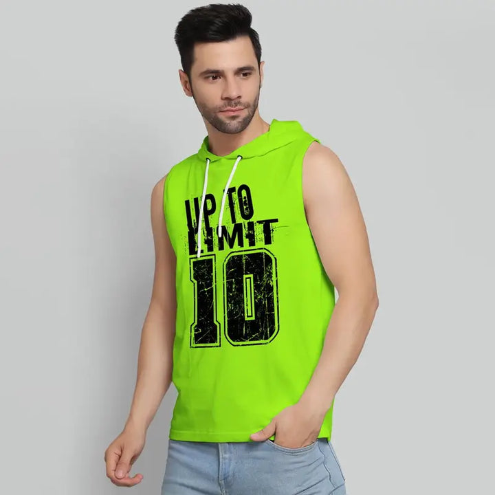 Juxar men's bright green hooded tank top with sleeveless design and graphic print number 10