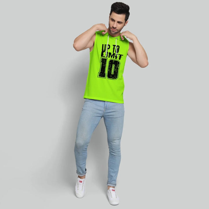 Juxar men's bright green hooded tank top with Up to Limit 10 print paired with light blue jeans
