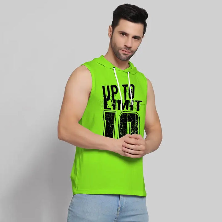 Juxar mens bright green hooded tank top with sleeveless design and up to limit print