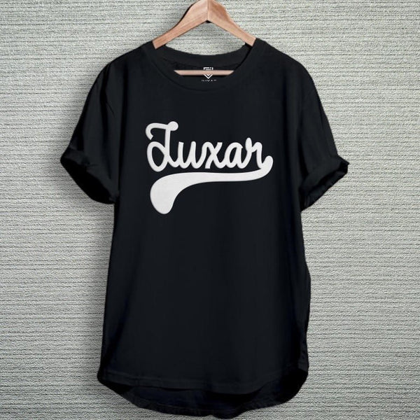 Juxar black luxury cotton longline t shirt with white script logo on hanger rolled sleeves curved hem