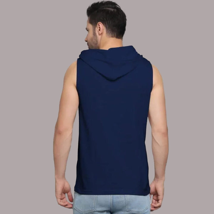 Juxar men's navy blue hooded gym tank top shown from the back with sleeveless design