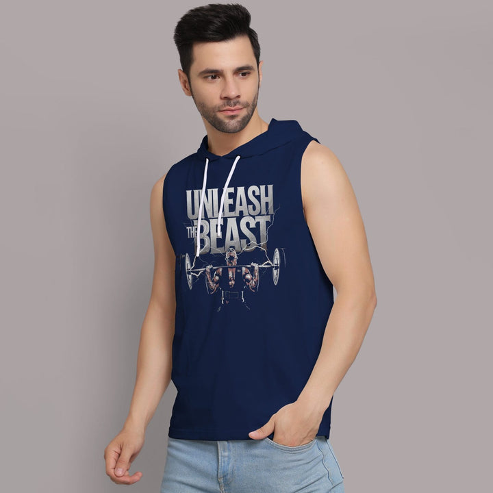 Juxar mens navy blue hooded gym tank top with Unleash the Beast graphic and sleeveless design