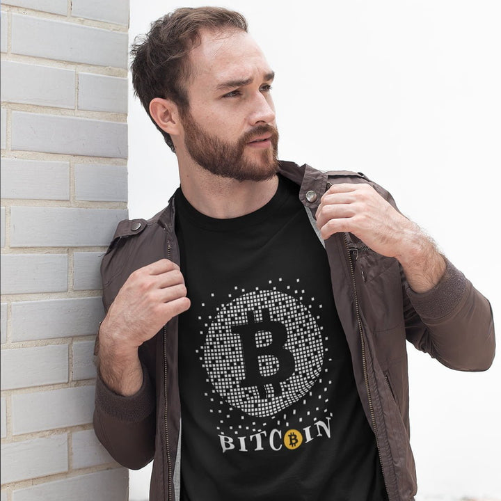 Man wearing Juxar black cotton t shirts for summer collection with Bitcoin design and brown jacket