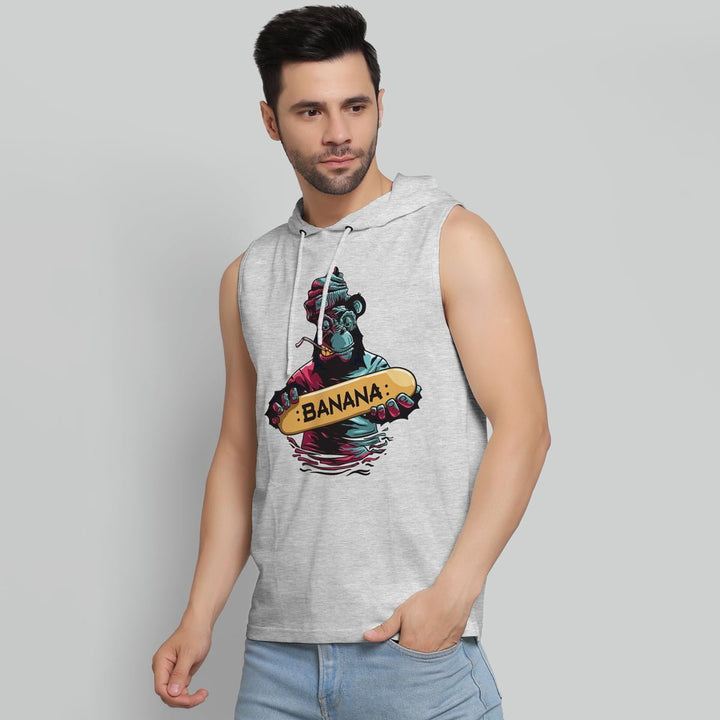 Juxar sleeveless hip length hoodie for men with banana graphic print in light gray