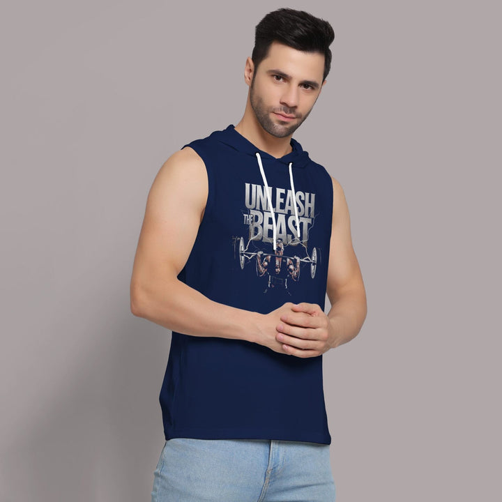 Juxar men's navy sleeveless hooded gym tank top with Unleash the Beast graphic