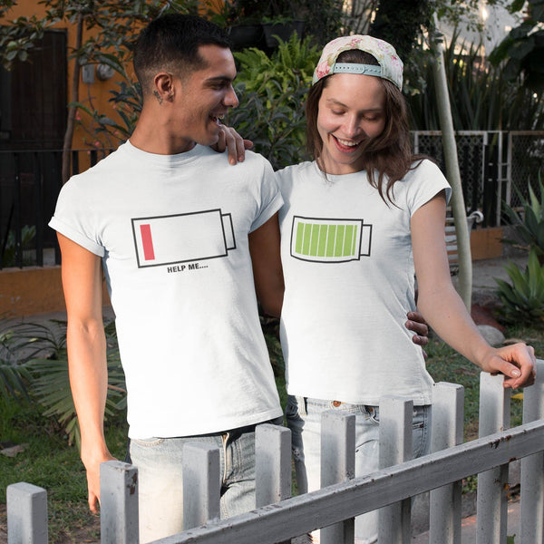 Juxar designer matching couple t shirt white pair with low red battery and high green battery prints