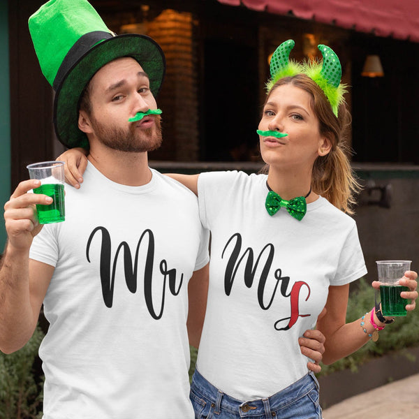 Juxar couple t shirt with quotes white matching Mr and Mrs script tees worn by couple with green St Patrick props