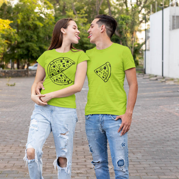 Juxar lime green couple t shirt for anniversary with matching pizza slice graphics worn by smiling couple outdoors