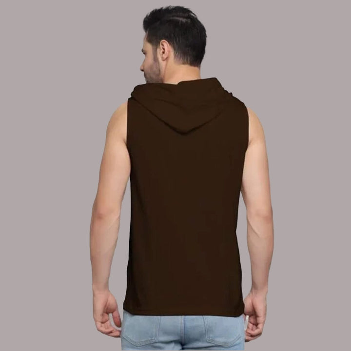 Back view of a man wearing a brown men's gym hooded sando by Juxar with sleeveless design