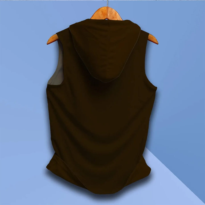 Juxar men's gym hooded sando in black sleeveless design hanging on wooden hanger