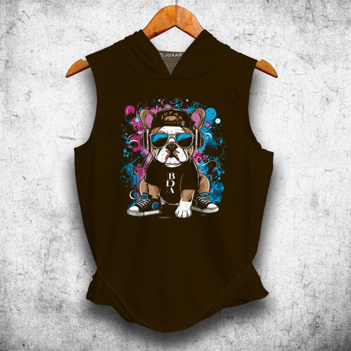 Juxar men's gym hooded sando in black with a graphic of a dog wearing sunglasses and sneakers