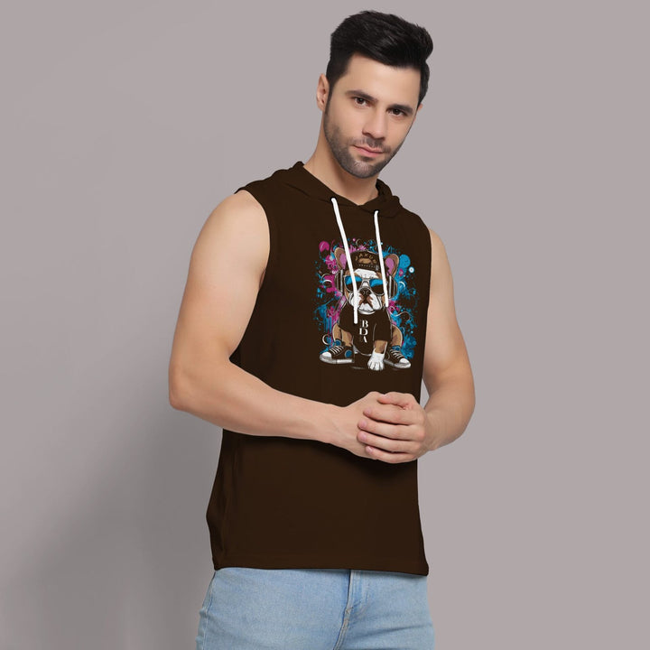 Juxar men's gym hooded sando in brown with graphic dog print and sleeveless design