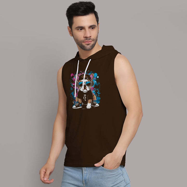 Juxar men's gym hooded sando in brown with graphic dog design and white drawstrings
