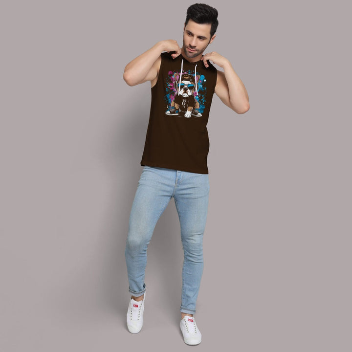 Juxar men's gym hooded sando in brown with graphic print worn with light blue jeans and white sneakers