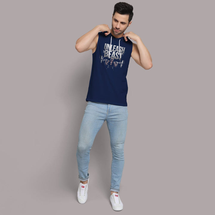 Juxar men's navy hooded gym tank top with sleeveless design and graphic print styled with light jeans