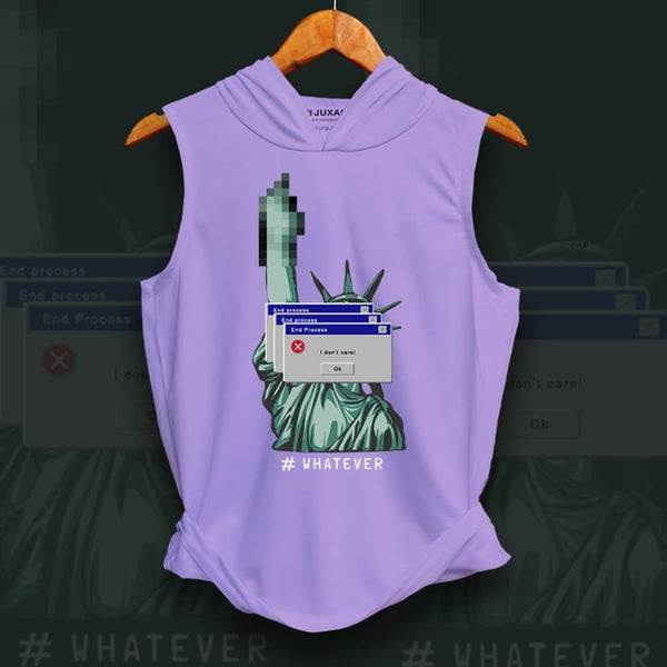Juxar sleeveless lavender men's gym wear hoodie with pixelated Statue of Liberty graphic and whatever text