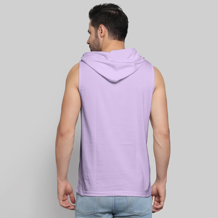 Back view of man wearing sleeveless lavender hoodie as men's gym wear by Juxar