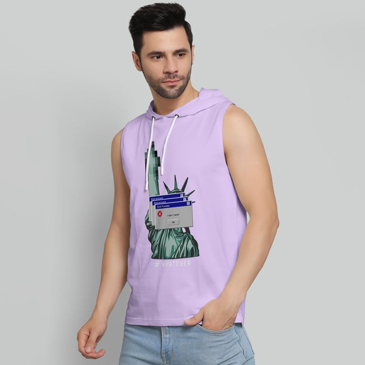 Juxar men's gym wear sleeveless lavender hoodie with graphic print and white drawstrings