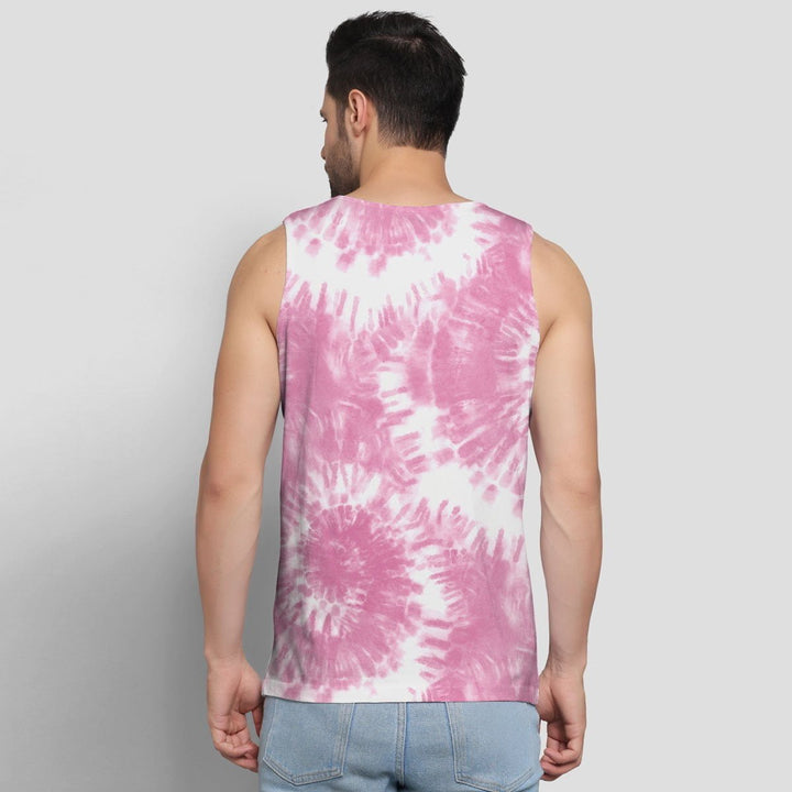 Juxar men’s printed vest in pink and white tie-dye pattern shown from the back