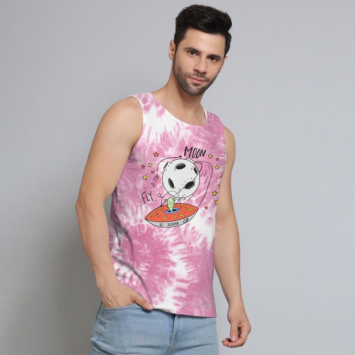 Juxar men’s printed vest with pink tie-dye and space-themed graphic design