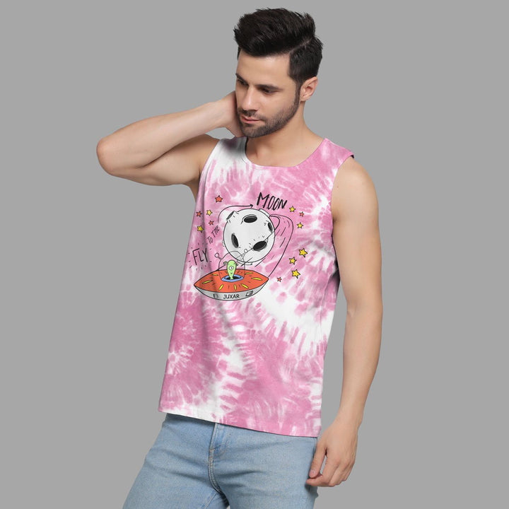 Juxar men’s printed vest in pink tie-dye with graphic space design and sleeveless style