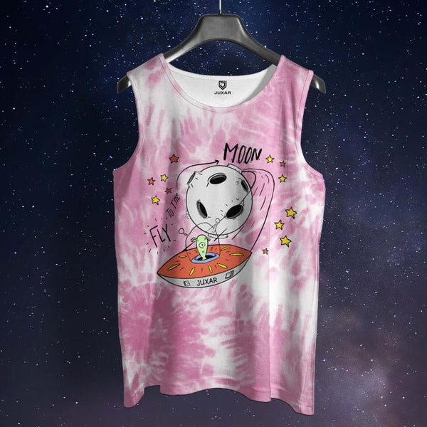 Juxar men’s printed vest in pink tie-dye with space and alien graphic design