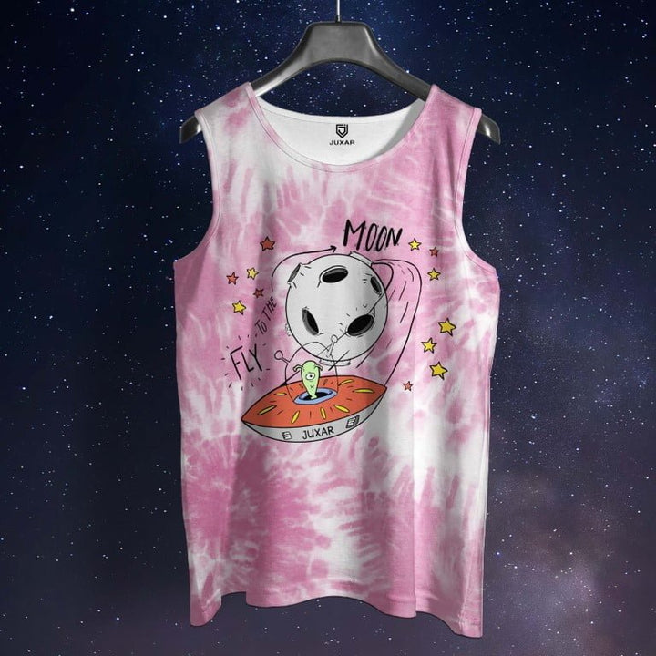 Juxar men’s printed vest in pink tie-dye with space and alien graphic design