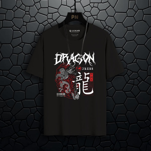 Juxar men's Asian style t-shirt in black with dragon graphic and white red lettering design