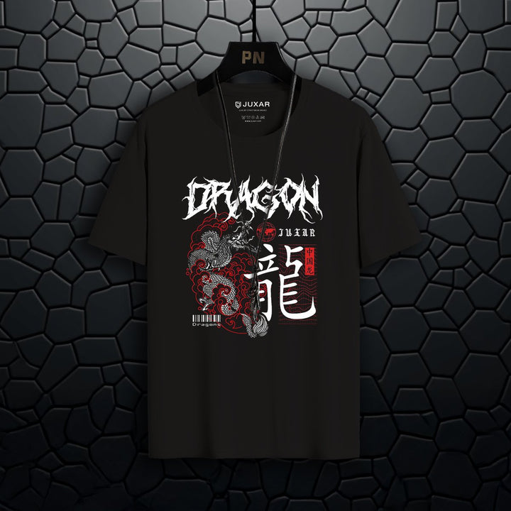 Juxar men's Asian style t-shirt in black with dragon graphic and white red lettering design