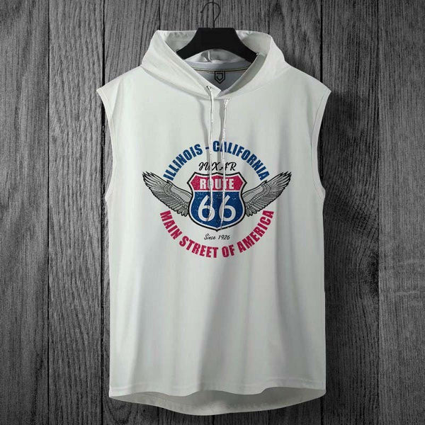 Juxar men's graphic muscle hoodie sleeveless white with Route 66 wings logo print