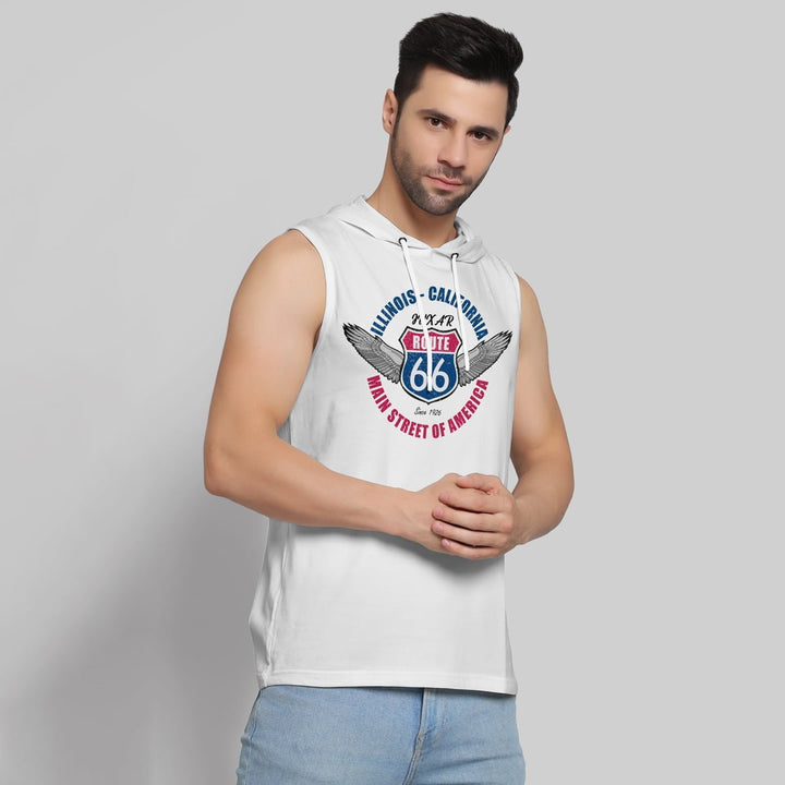 Juxar men's graphic muscle hoodie sleeveless white with Route 66 print and hood