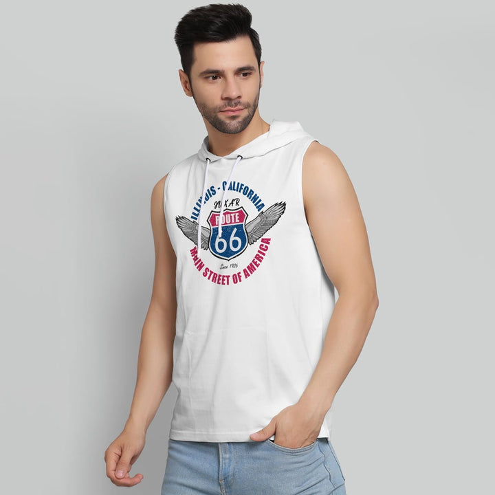 Juxar men's graphic muscle hoodie sleeveless white with Route 66 design