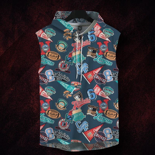 Juxar men's gym sando sleeveless hoodie with colorful vintage sports patches design